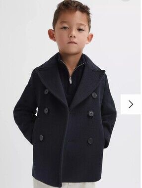 Reiss Navy Double-Breasted Wool Blend Pea Jacket